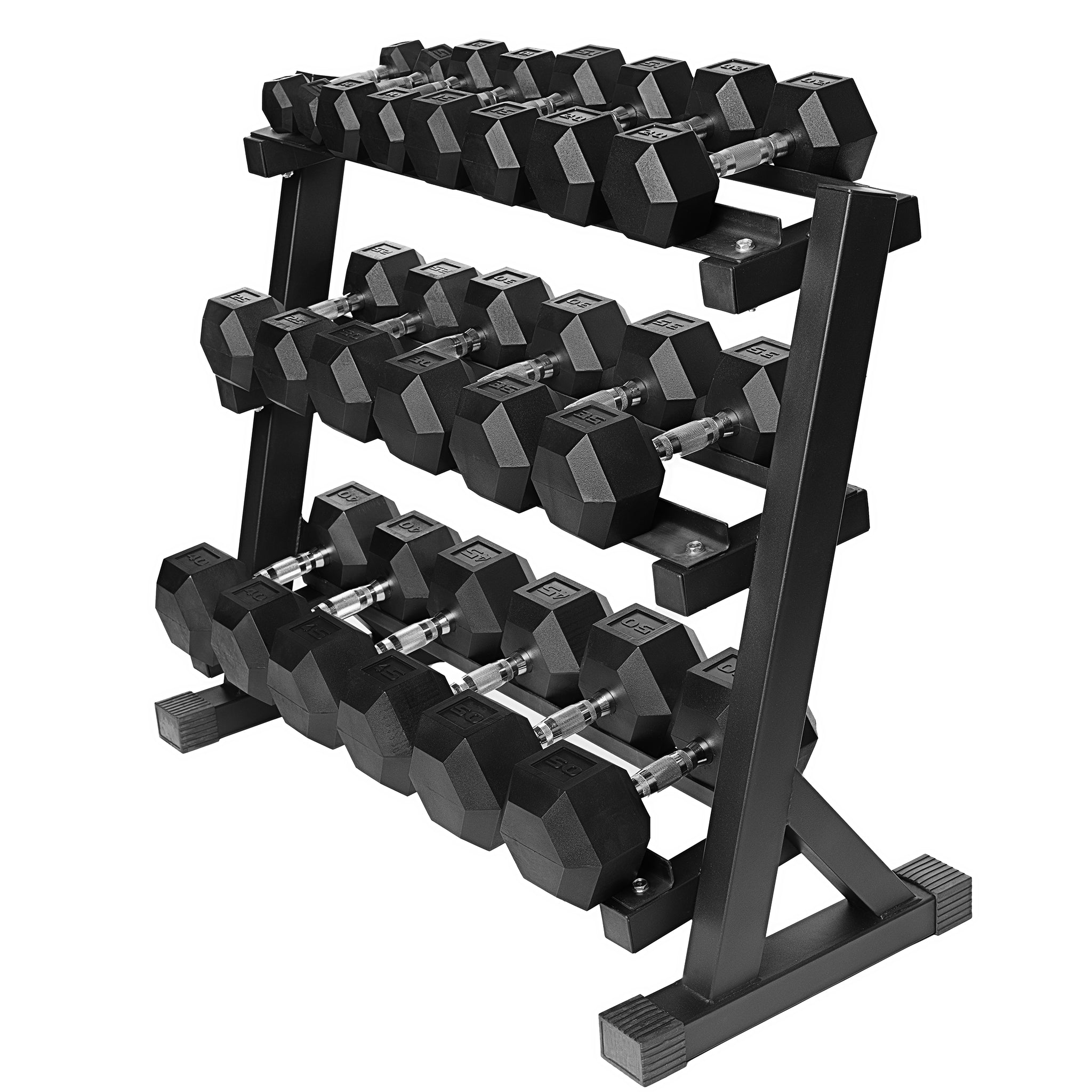 5 - 50lbs Premium PVC Dumbbell Set with Commercial 3-Tier Dumbbell Rack 40"